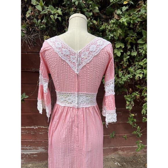 Vintage 60s Pink Lace Bell Sleeve Mexican Pintuck Wedding Bridal Maxi Dress - Picture 7 of 8